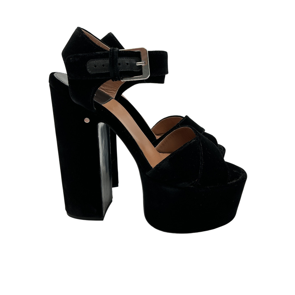 LoveShackFancy Velvet Black Platform Ankle Strap Sandals Size 8 - Picture 2 of 6